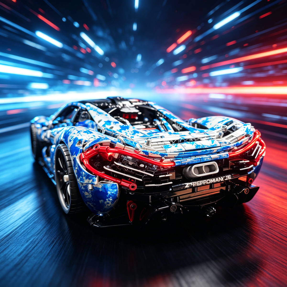 McLaren P1 Blue-and-White Porcelain Custom Livery 1:8 Finished Building Block Car 3893PCS