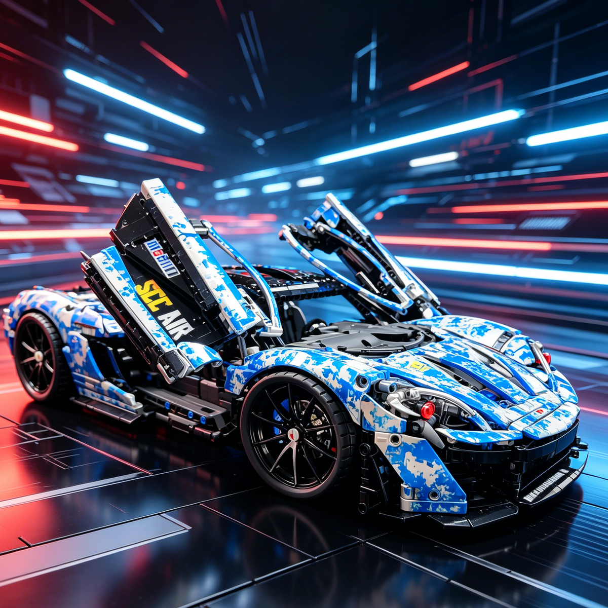 McLaren P1 Blue-and-White Porcelain Custom Livery 1:8 Finished Building Block Car 3893PCS