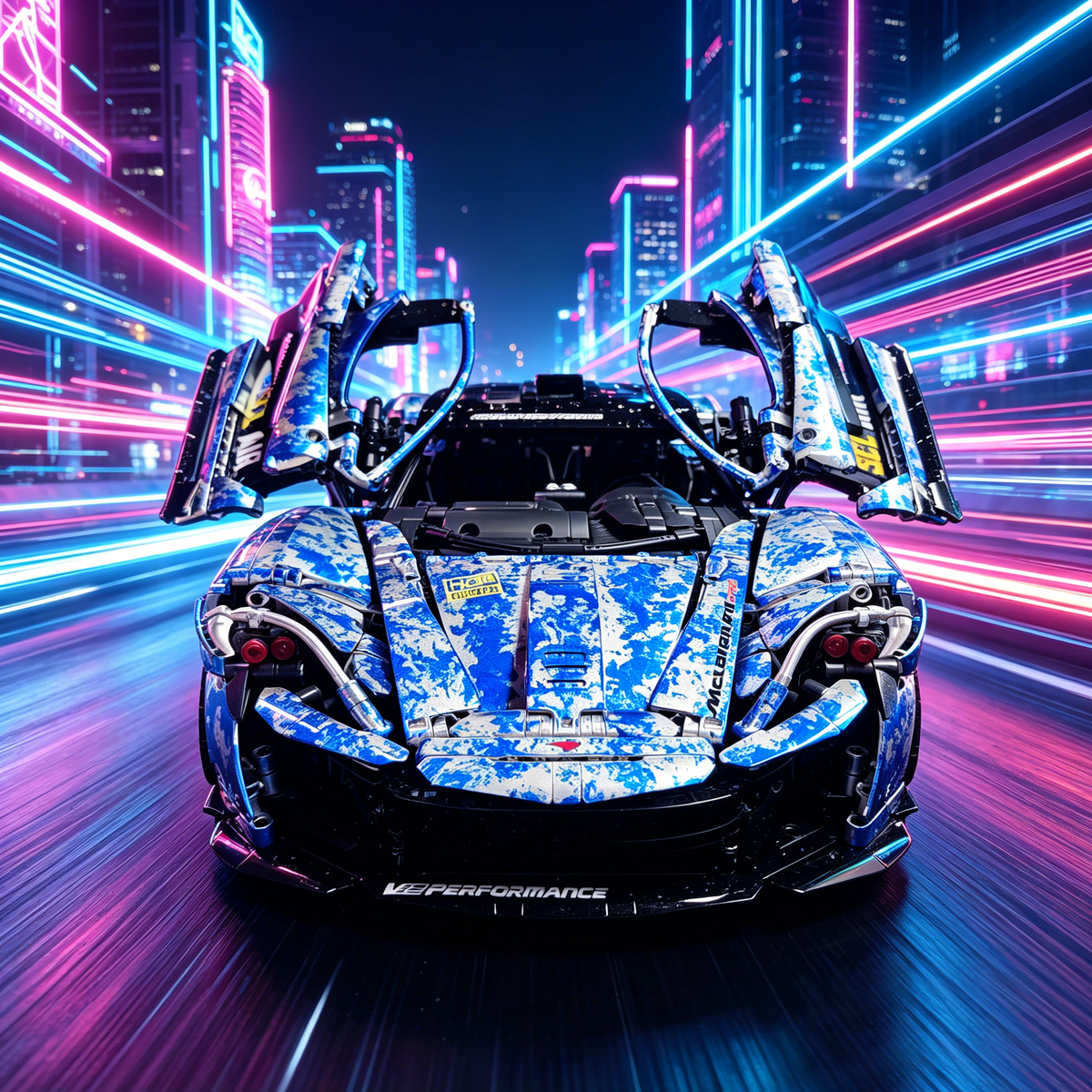 McLaren P1 Blue-and-White Porcelain Custom Livery 1:8 Finished Building Block Car 3893PCS
