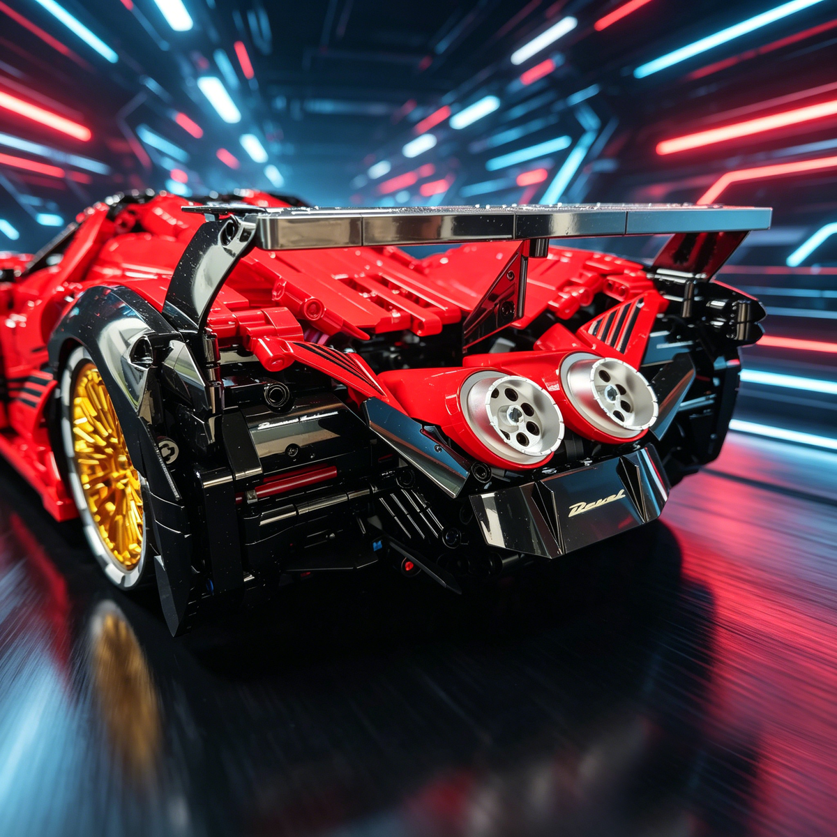 Devel Sixteen Red-Black Custom Color Edition with Gold Wheels 1:8 Finished Building Block Car 3880PCS