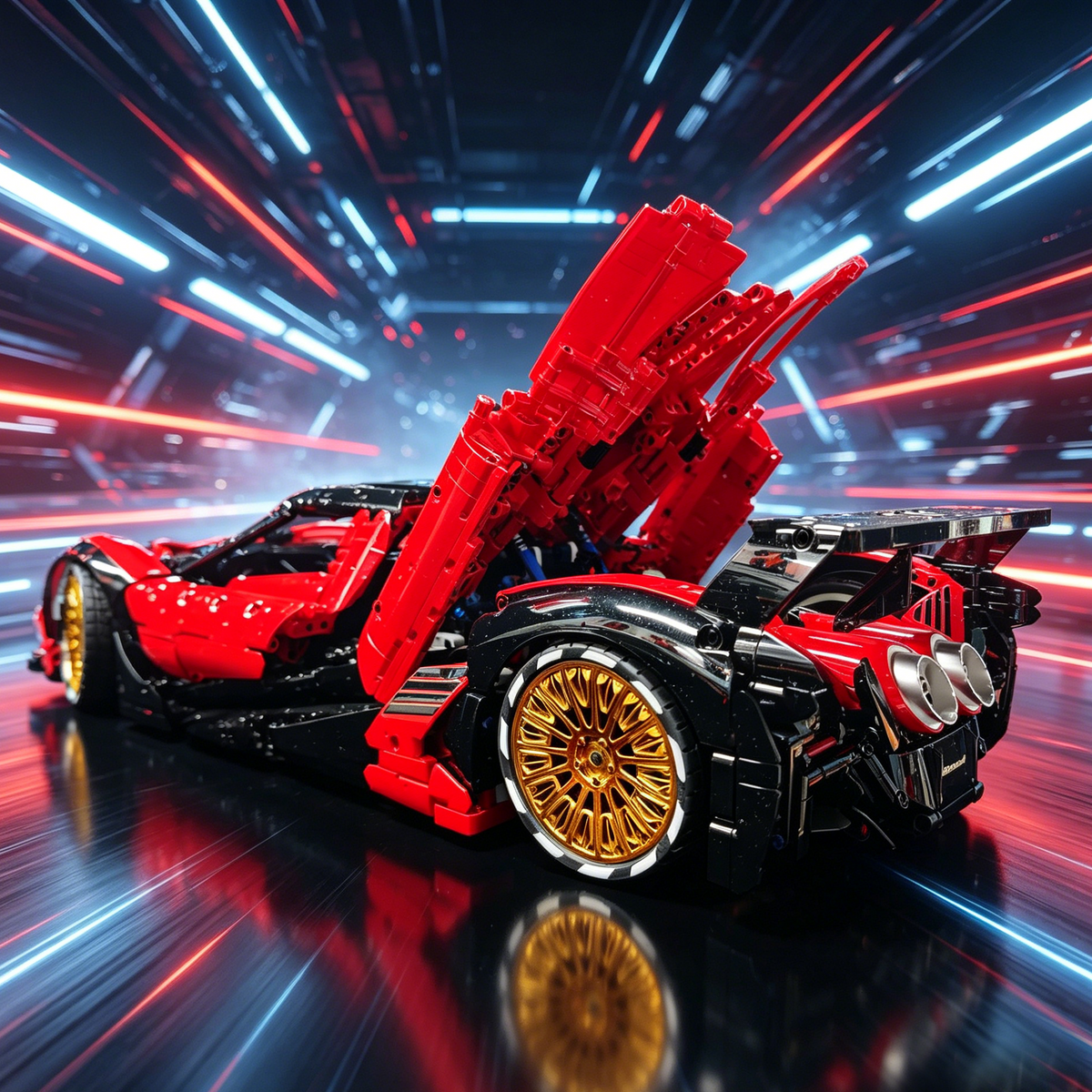 Devel Sixteen Red-Black Custom Color Edition with Gold Wheels 1:8 Finished Building Block Car 3880PCS