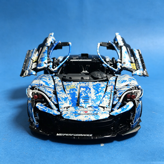 McLaren P1 Blue-and-White Porcelain Custom Livery 1:8 Finished Building Block Car 3893PCS