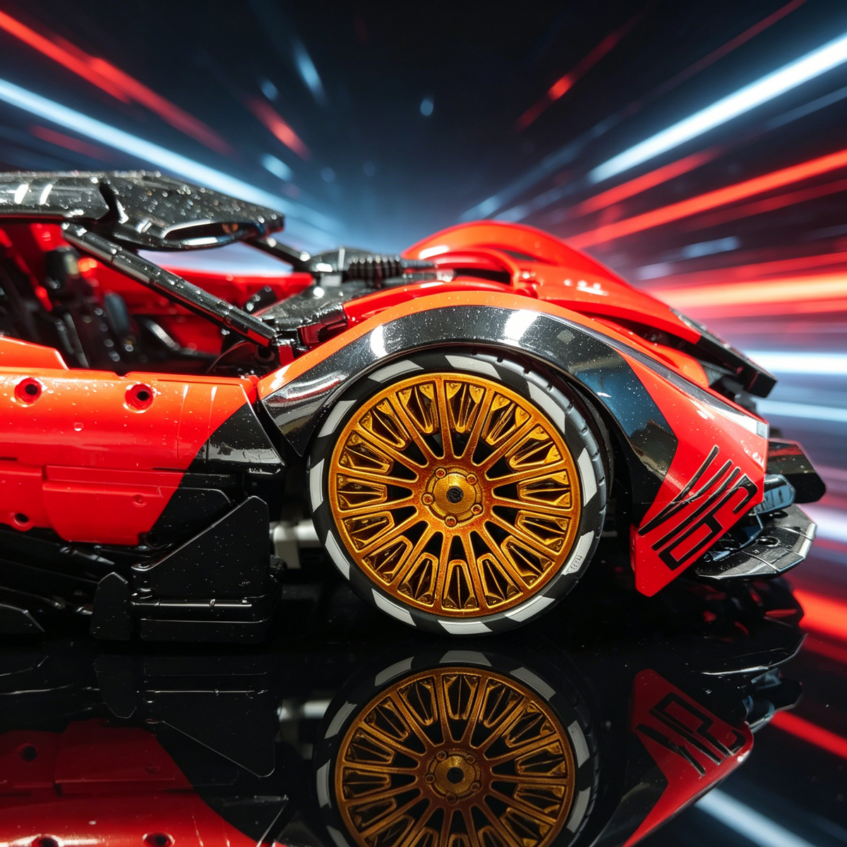 Devel Sixteen Red-Black Custom Color Edition with Gold Wheels 1:8 Finished Building Block Car 3880PCS