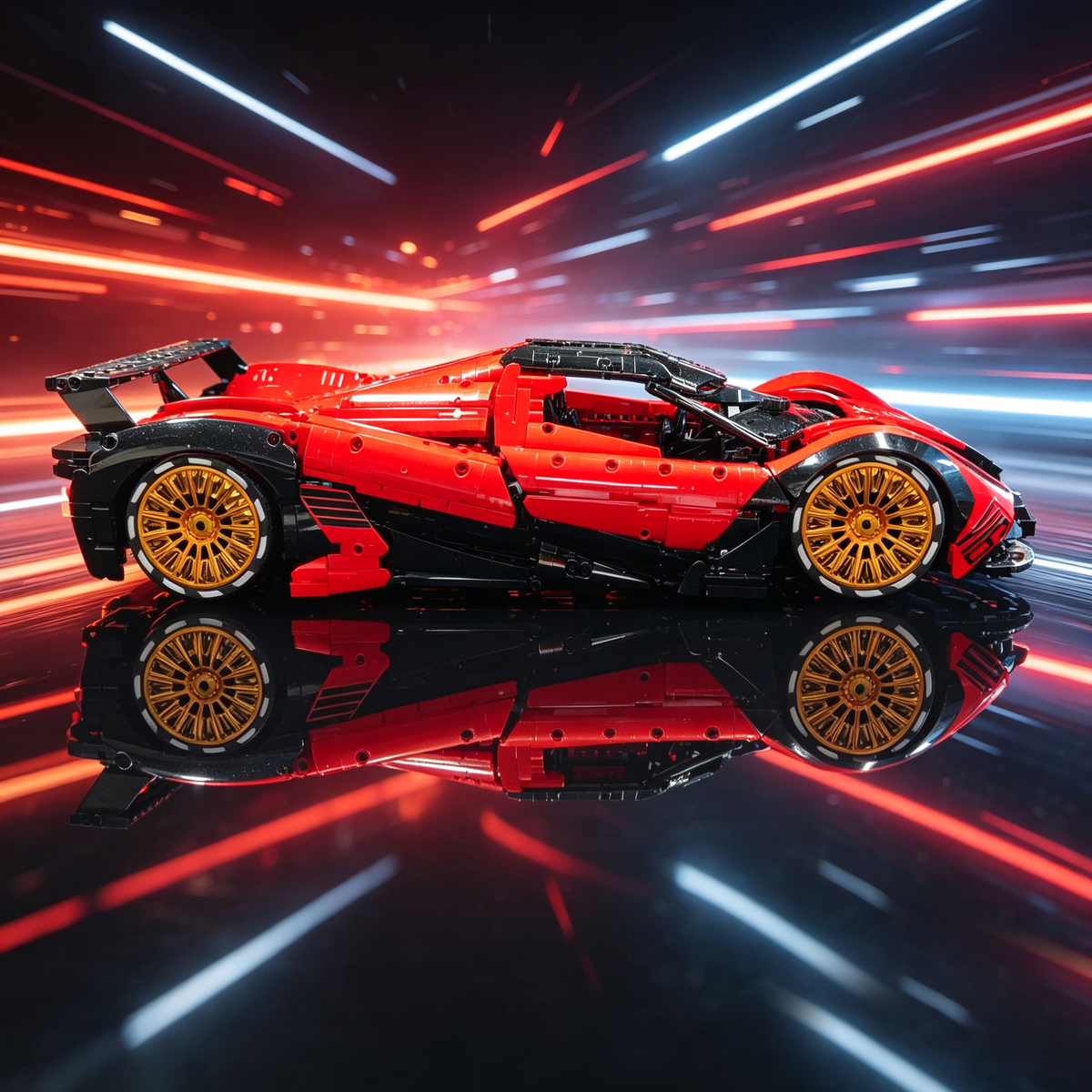 Devel Sixteen Red-Black Custom Color Edition with Gold Wheels 1:8 Finished Building Block Car 3880PCS