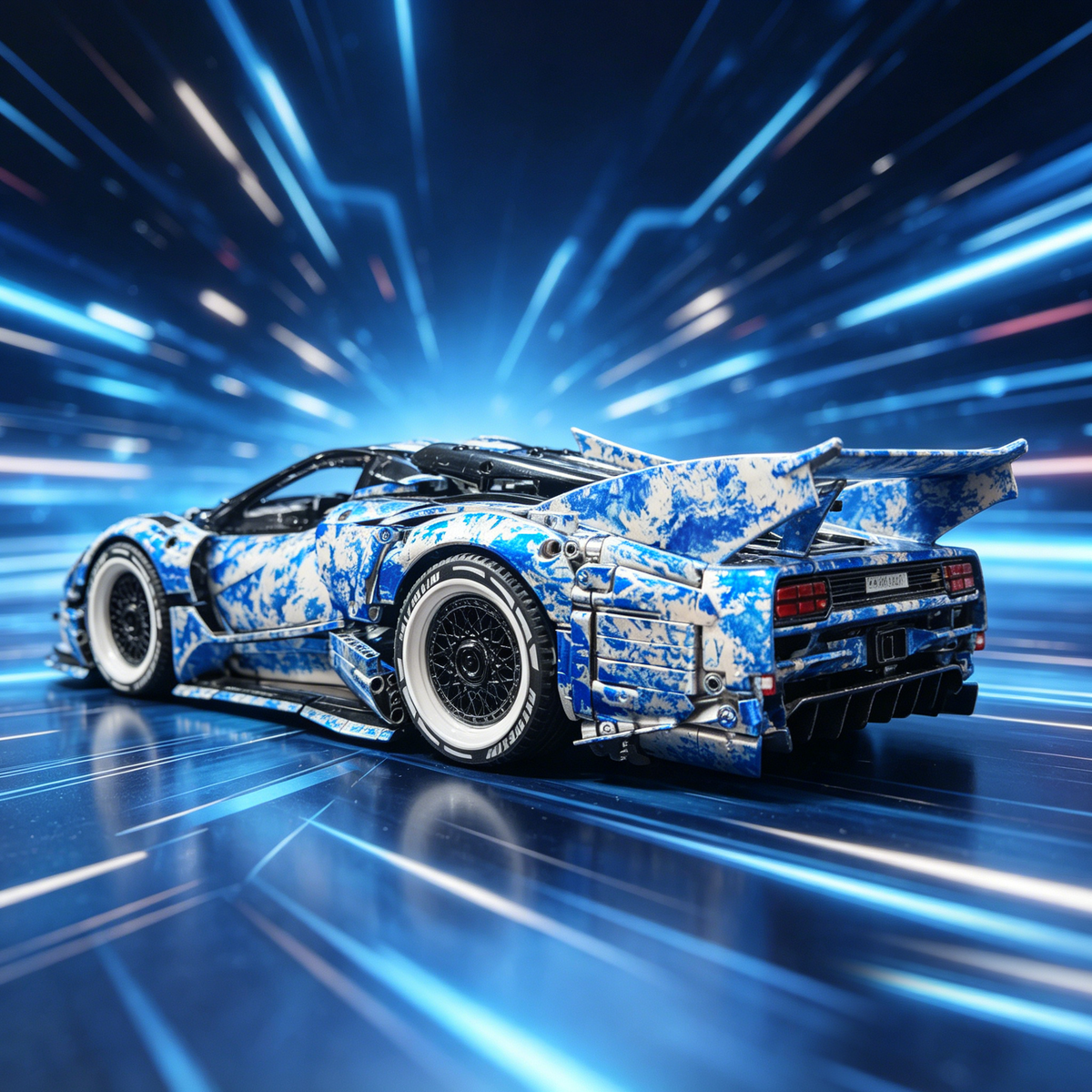 Pagani Zonda R Blue-White Camouflage Custom Livery Edition 1:8 Finished Building Block Car 3180PCS