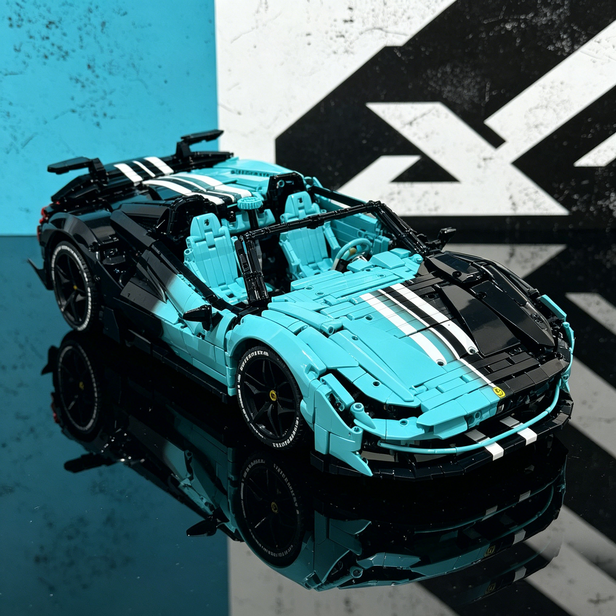 Ferrari SF90 Spider Tiffany Blue Black Contrast 3180PCS Finished Building Blocks