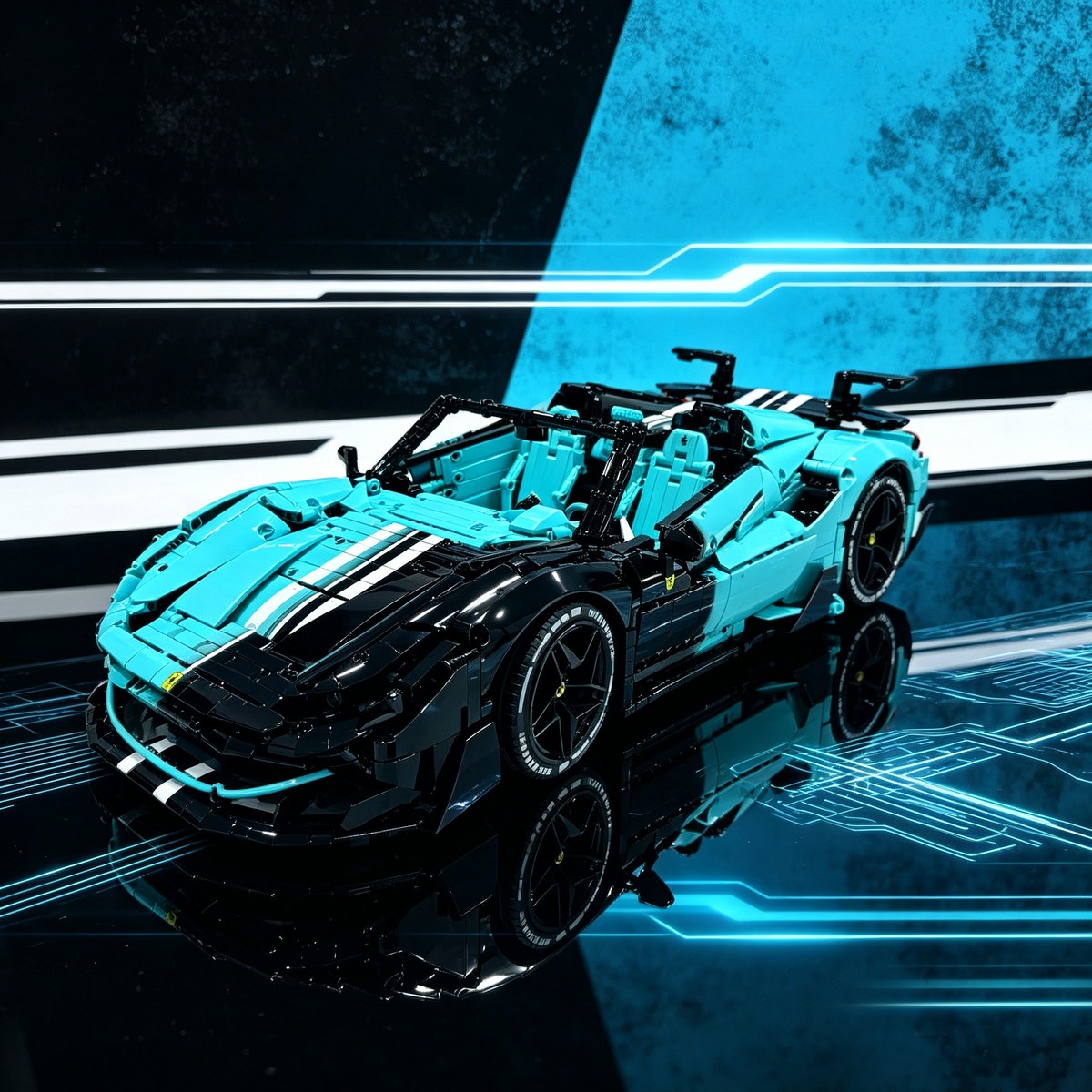 Ferrari SF90 Spider Tiffany Blue Black Contrast 3180PCS Finished Building Blocks