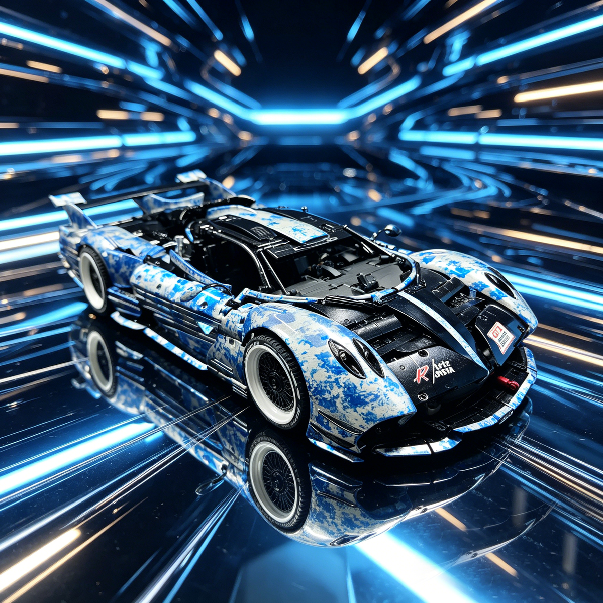Pagani Zonda R Blue-White Camouflage Custom Livery Edition 1:8 Finished Building Block Car 3180PCS