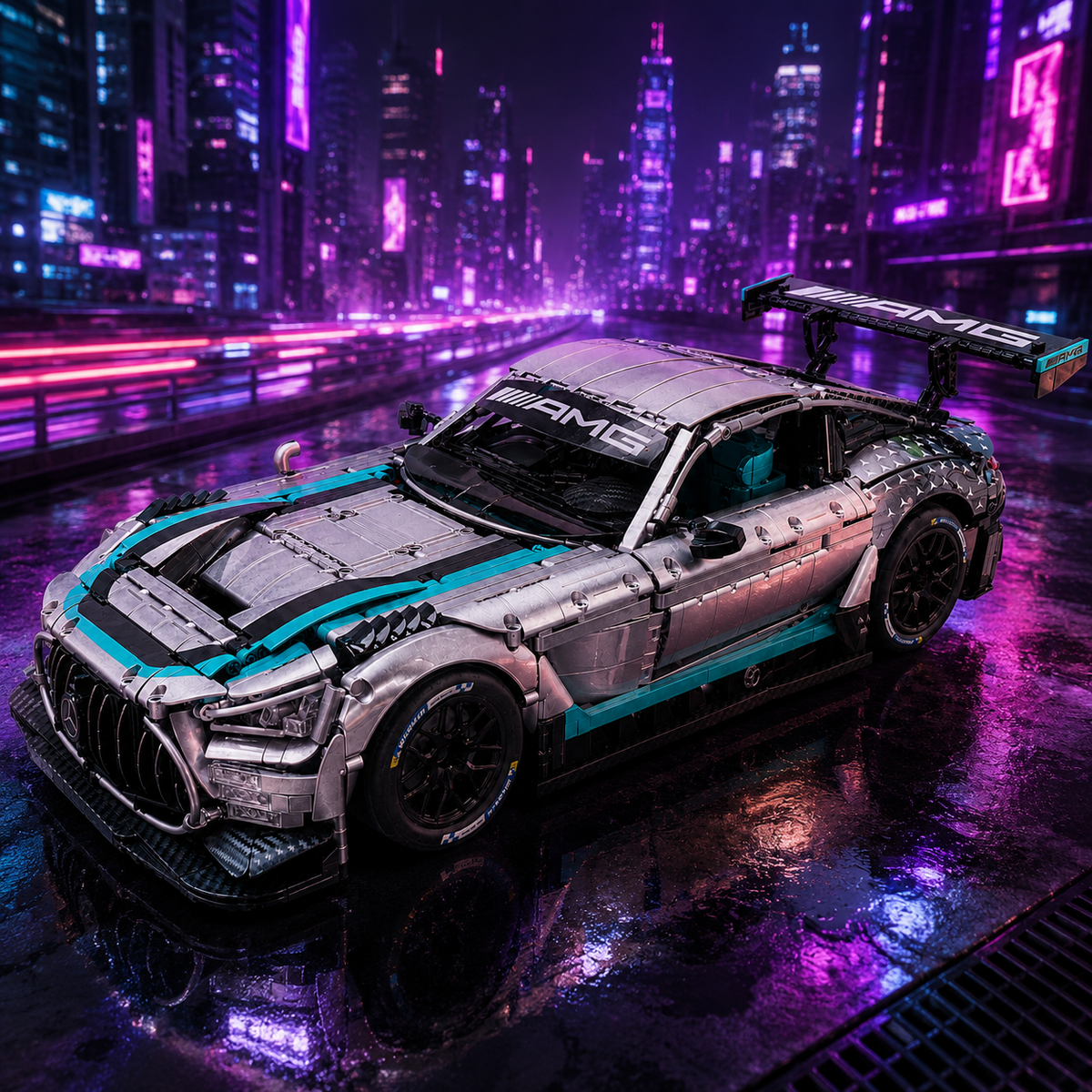 Mercedes-AMG GT3 Silver Teal Racing Livery 1:8 Finished Building Block Car Approx. 3200 PCS