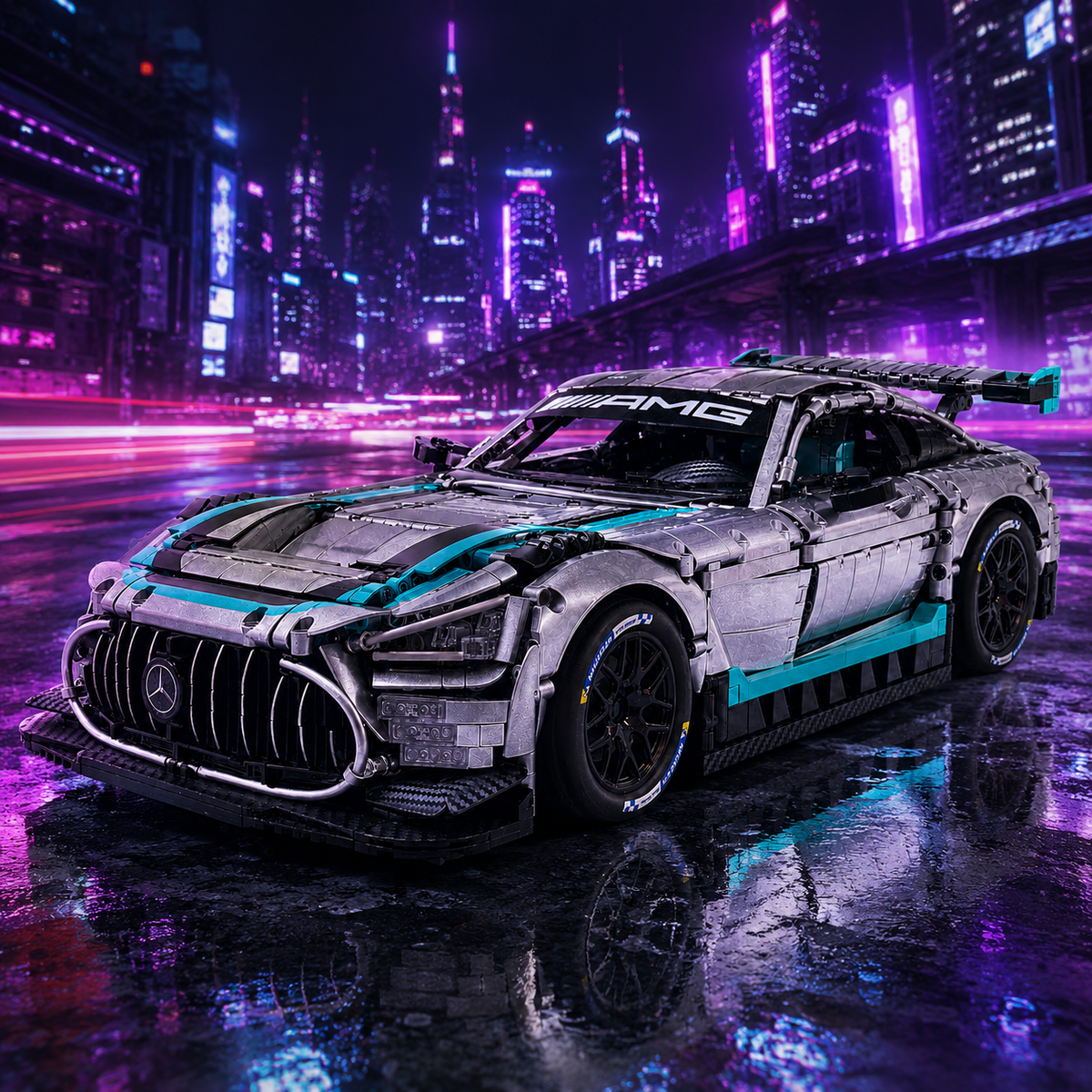 Mercedes-AMG GT3 Silver Teal Racing Livery 1:8 Finished Building Block Car Approx. 3200 PCS