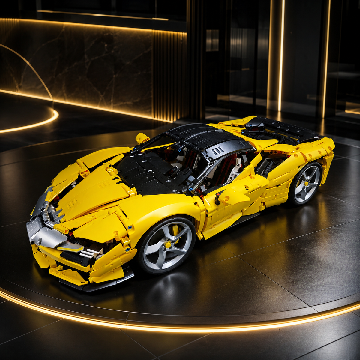 Yellow Ferrari SF90 Replica 1:8 Scale Technical Building Blocks Sports Car Model