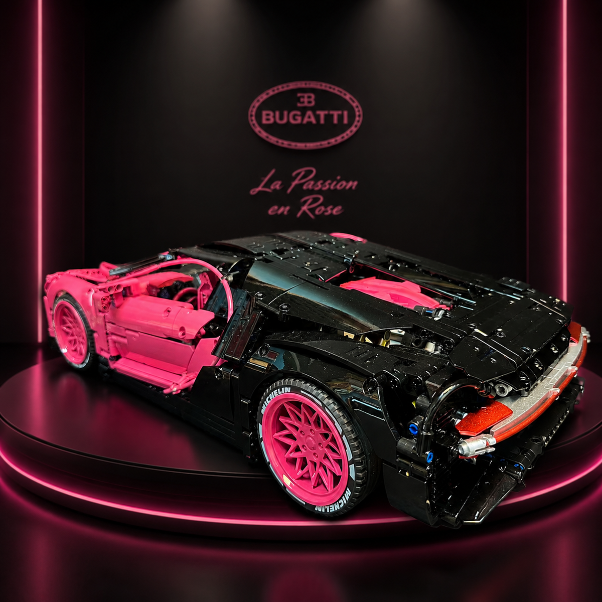 Bugatti Chiron Black Pink Contrast Custom Livery 3728PCS Finished Building Blocks